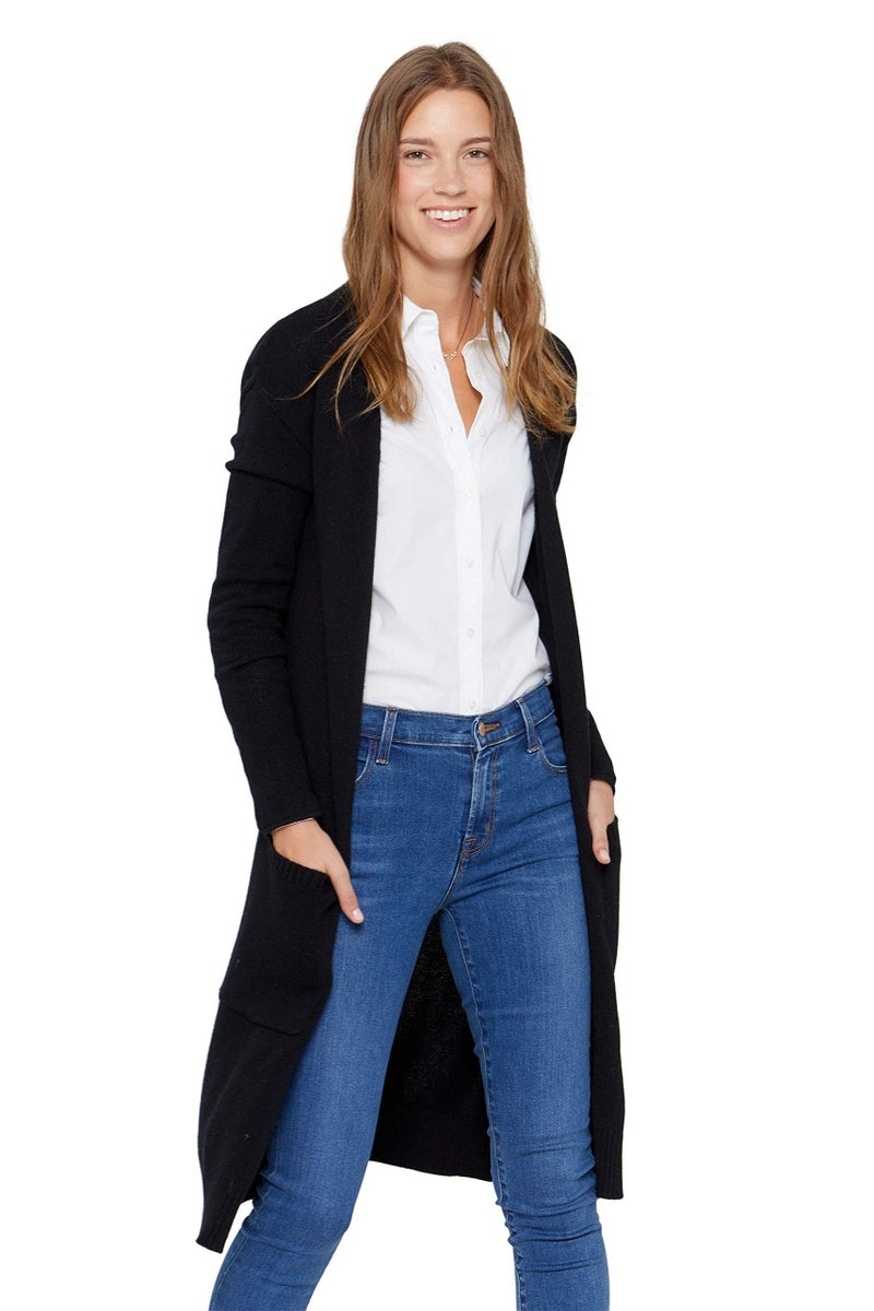 State Cashmere Long Sweater Cardigan Women 100% Pure Cashmere Cardigan with Pockets Cashmere Cardigans for Women (Black, Large) - Image 1
